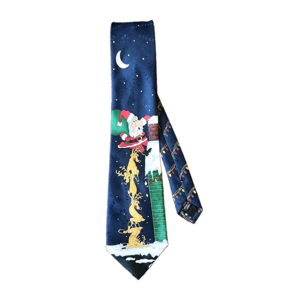 Vtg 90's Hallmark Yule Tie Greetings Navy Blue Santa Reindeer NeckTie
